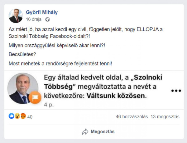 Szolnok: kicsavarták a jobbikosok a közös Facebook-oldalt az ellenzék kezéből, és átadták azt a DK-s jelöltnek